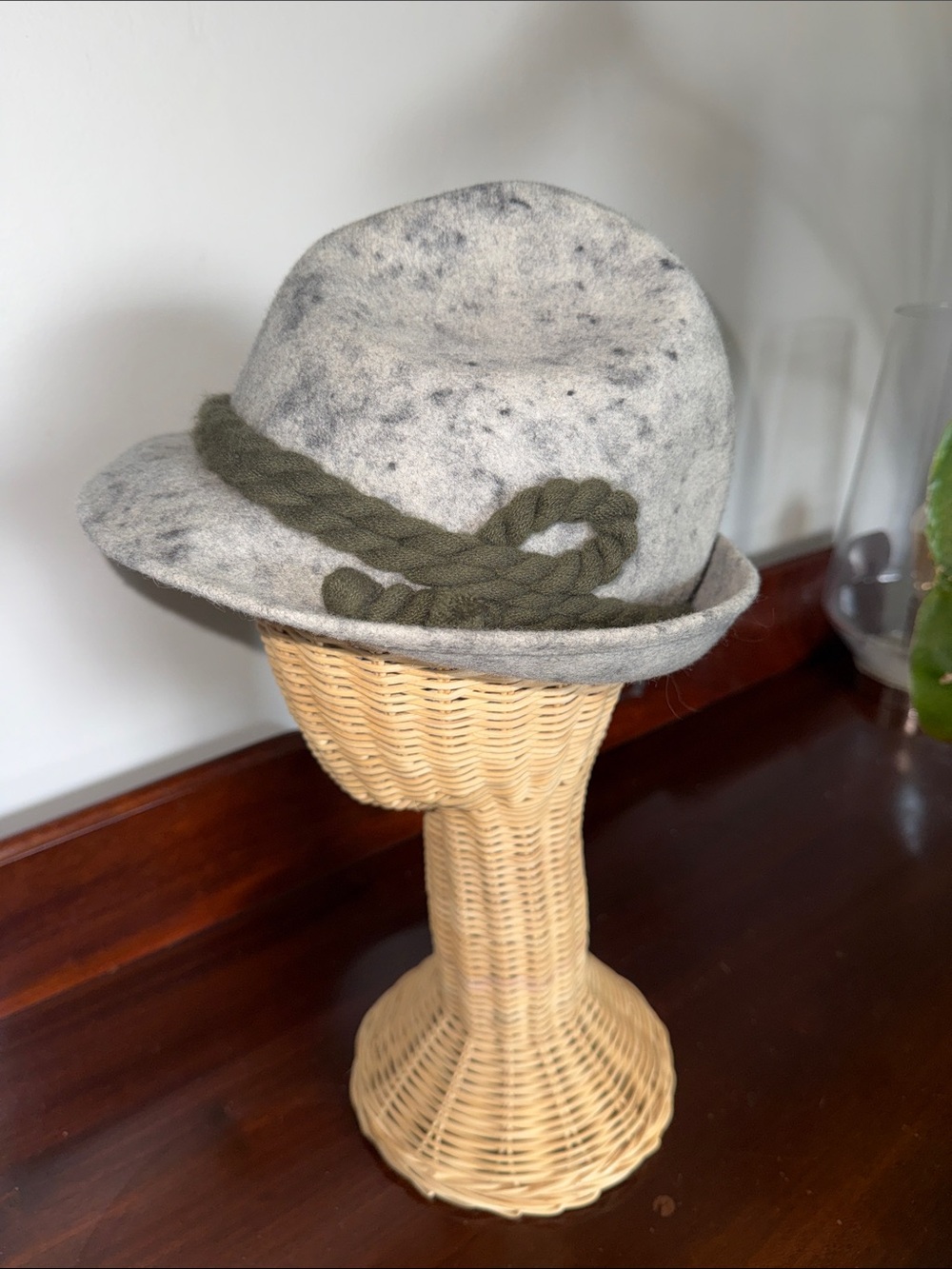 Retro Gray Felt Alpine-Style Hat with Olive Rope Trim Oktoberfest German hat